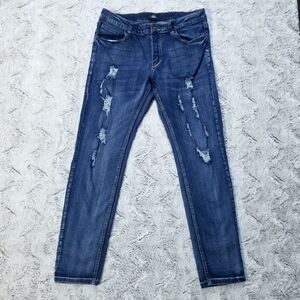 ZLZ Denim Jeans Mens 34x32 Blue Distressed Slim Straight Dark Wash Denim